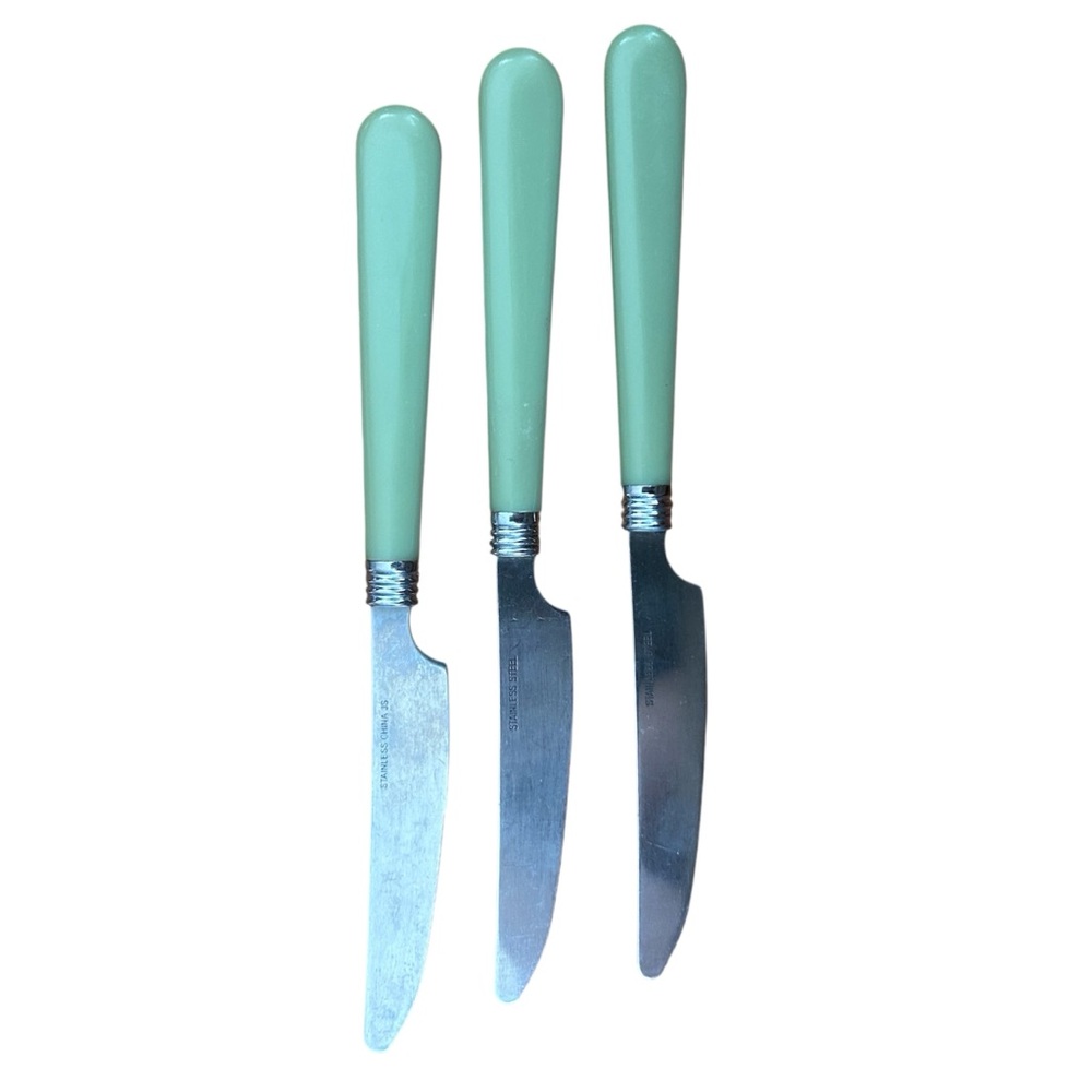 Vintage Stainless Steel Dinner Knife With‎ Green Plastic Handle Set Of 3 MCM